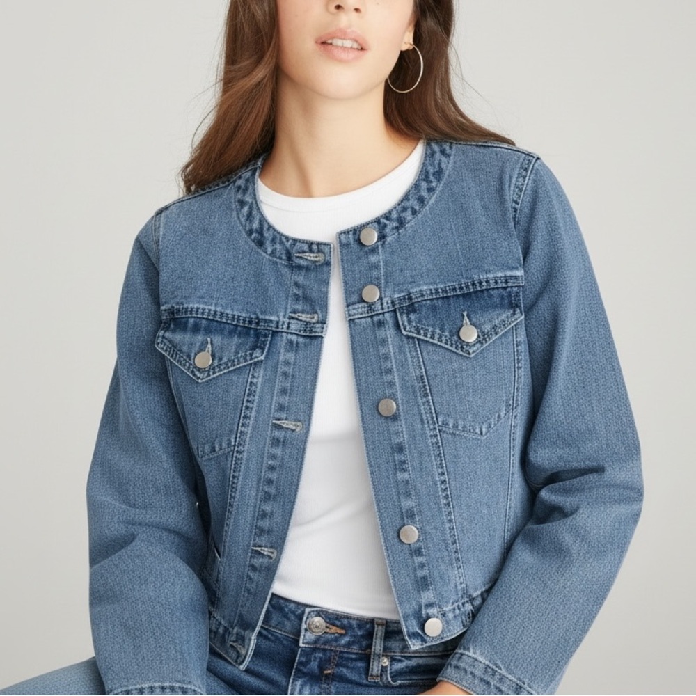 Vigoss Collarless Light Blue Wash Denim Jean Jacket Small Classic Chic